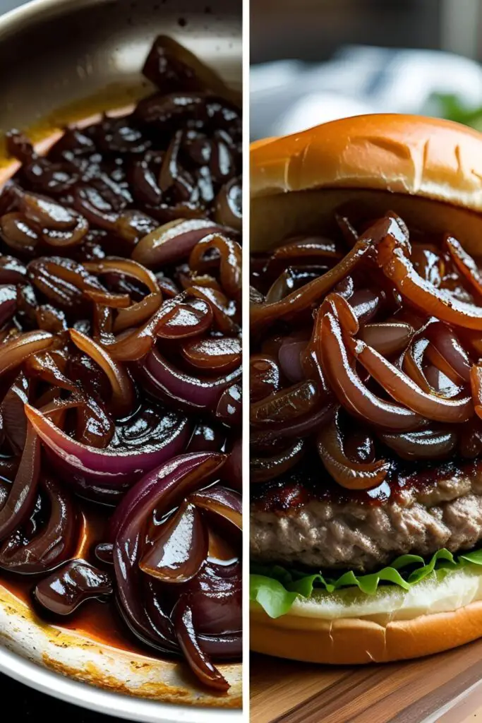 Perfectly cooked deep brown caramelized onions in a pan and served on top of a delicious burger.