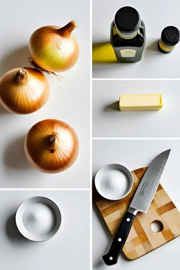 Ingredients for making caramelized onions: whole yellow onions, butter, olive oil, and salt arranged on a clean background.

