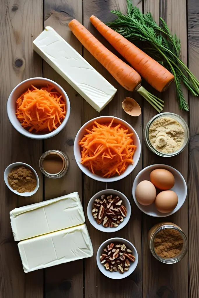 A flat lay of ingredients for carrot cake cheesecake: carrots, cream cheese, flour, and spices.