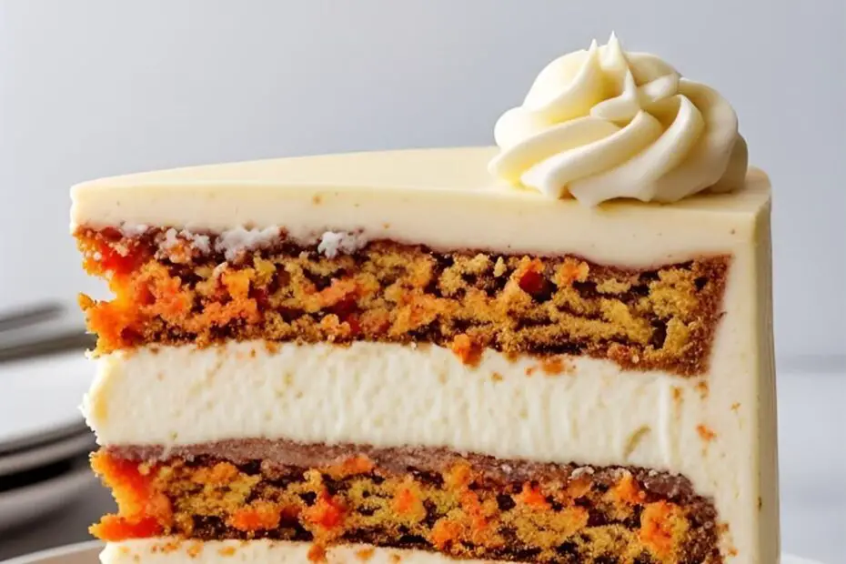 A tall slice of carrot cake cheesecake with the text overlay "The Ultimate Carrot Cake Cheesecake."