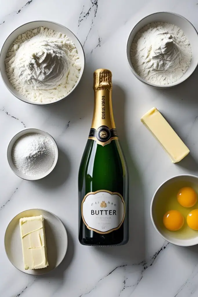 Two images showing how to make a champagne cake: one of the fluffy buttercream in a mixer, and a close-up of the finished tender cake crumb.