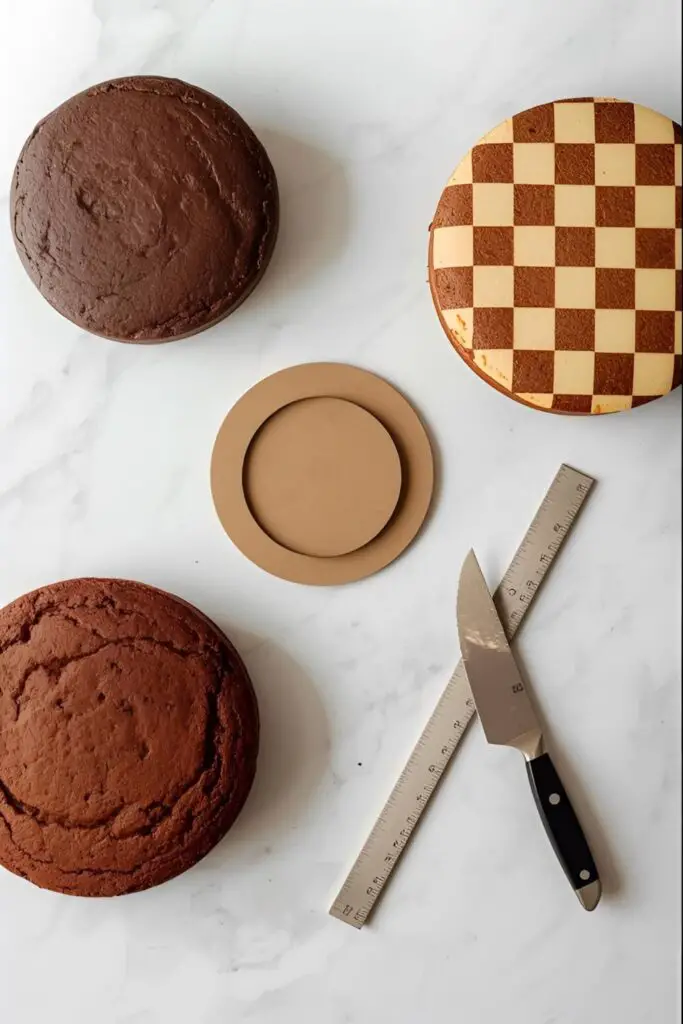 A close-up of a perfect slice of checkerboard cake next to the fully frosted and decorated whole cake.