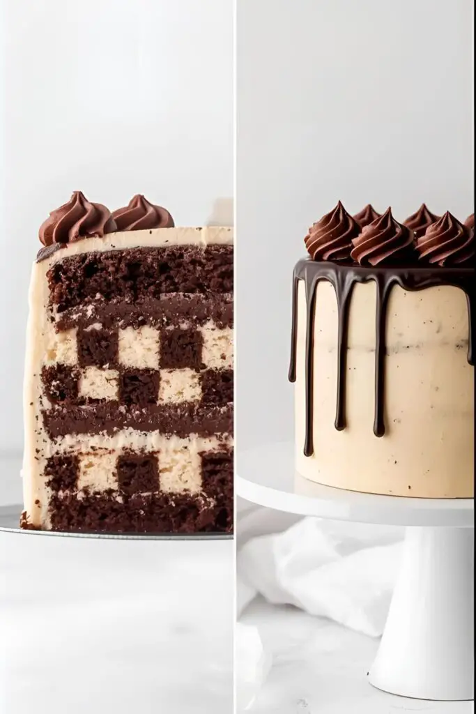 A close-up of a perfect slice of checkerboard cake next to the fully frosted and decorated whole cake.