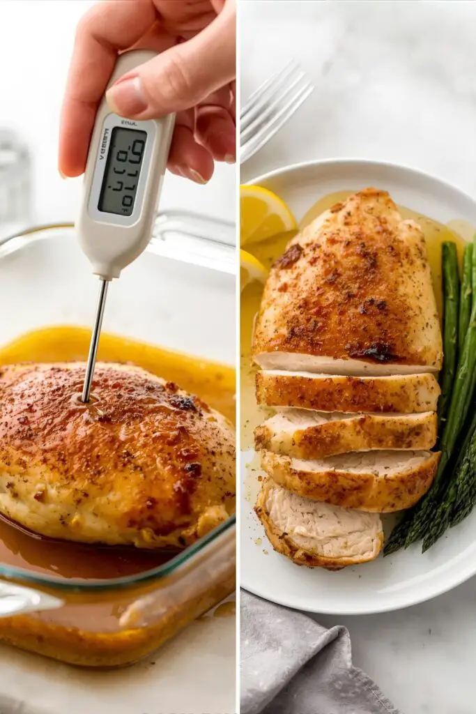 The process of checking the temperature to bake chicken in the oven correctly and the final healthy, plated meal.