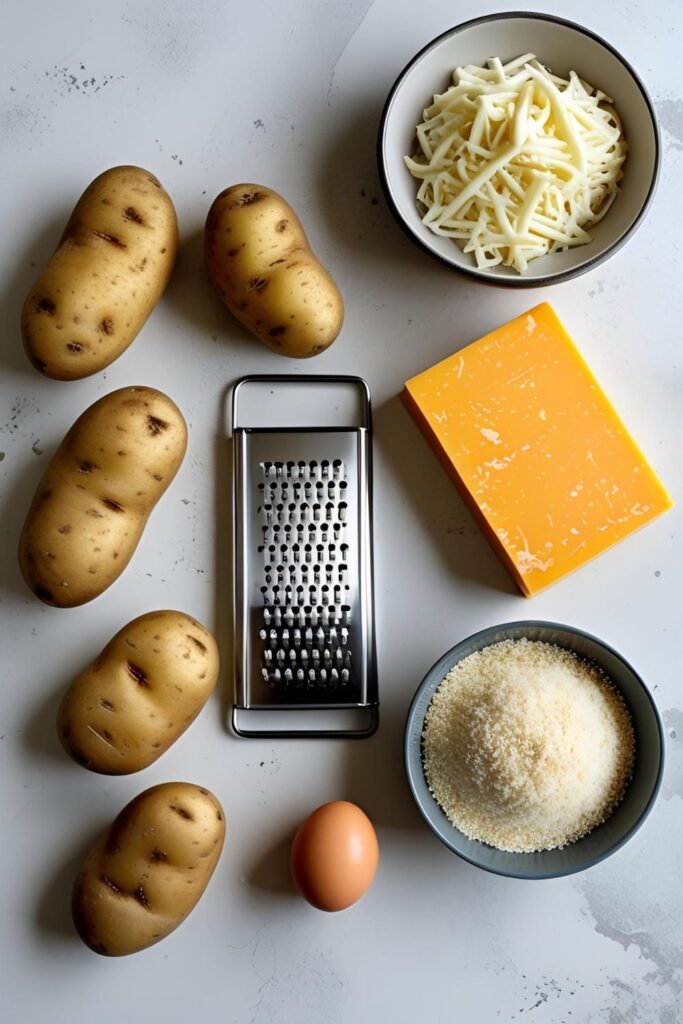"Ingredients for homemade cheese balls, including potatoes, cheddar and mozzarella cheese, breadcrumbs, and an egg, laid out on a clean surface."