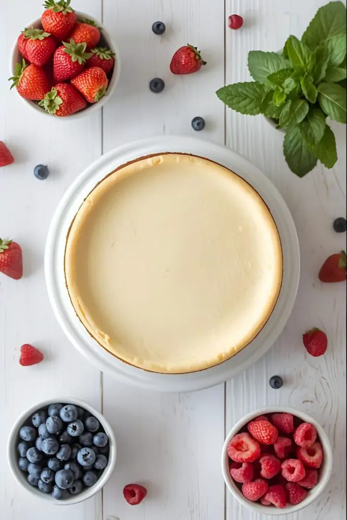 A flat lay of "ingredients" for decorating a cheesecake: a plain cheesecake, colorful berries, and mint.