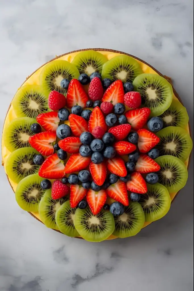 A close-up of a crescent-decorated cheesecake next to a cheesecake with a full fruit topping.