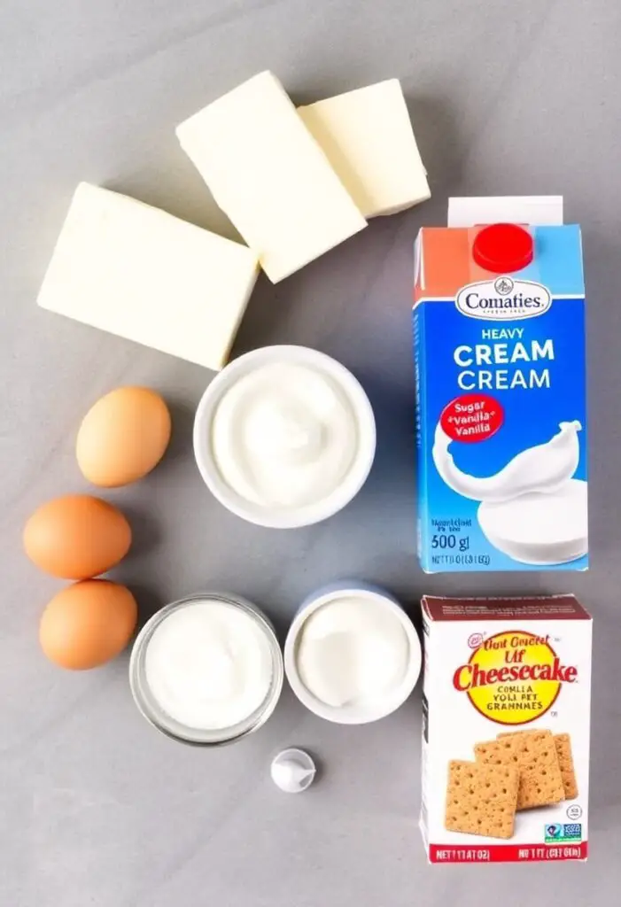 A neat flat lay collage of ingredients for cheesecake: four blocks of full-fat cream cheese, a carton of heavy cream, eggs, sugar, vanilla, and a box of graham crackers.