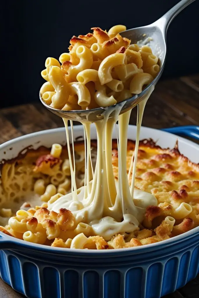 A large spoon lifting a gooey, cheesy scoop of upgraded Bob Evans mac and cheese from a casserole dish, with a dramatic cheese pull.
