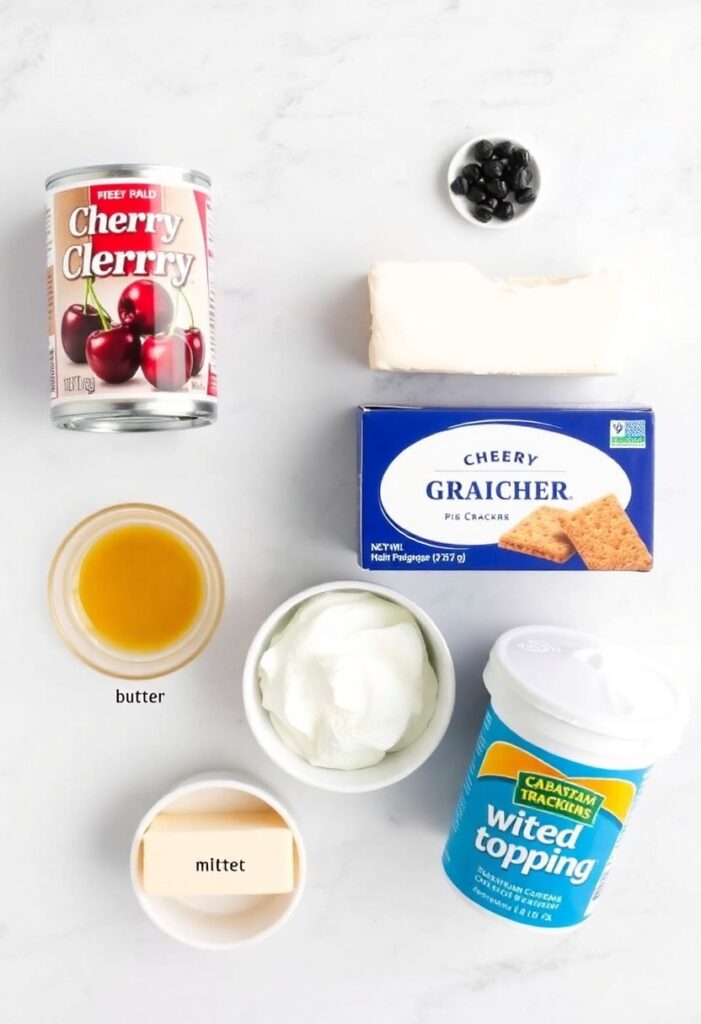 A neat flat lay collage of ingredients for cherry delight dessert: a can of cherry pie filling, a block of cream cheese, a box of graham crackers, melted butter, and a tub of whipped topping.