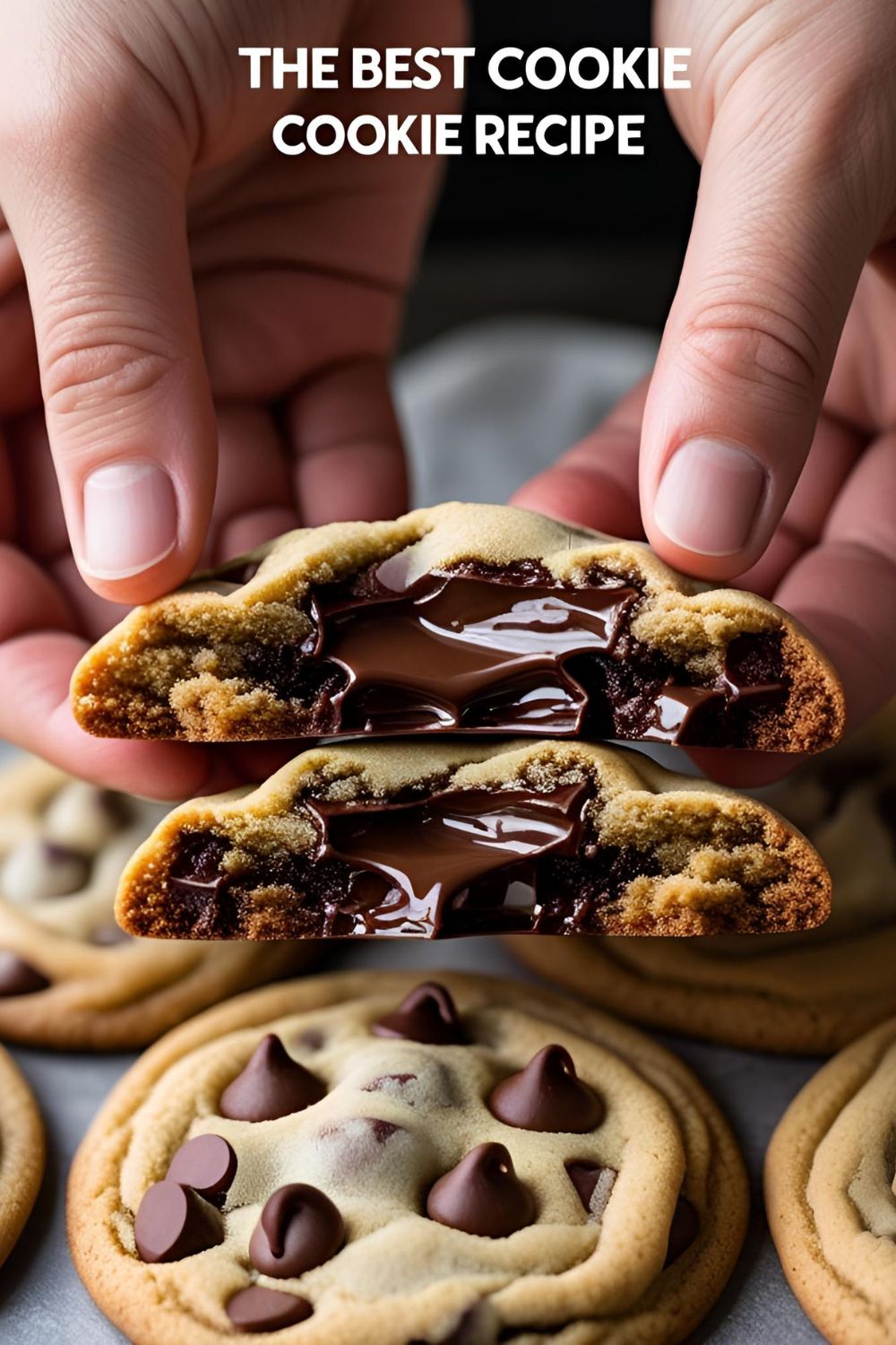 A mouth-watering chocolate chip cookie broken in half to show a gooey center, with the text overlay "The Best Chewy Chocolate Chip Cookies."