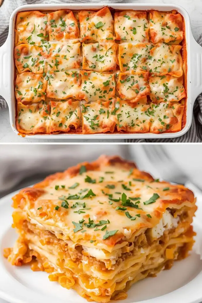 A close-up of a perfect slice of chicken alfredo lasagna, next to the full, bubbly baking dish.