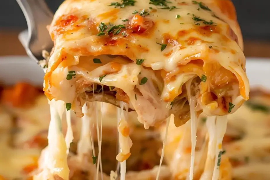 A slice of creamy chicken alfredo lasagna with a cheese pull, with the text "The Ultimate Chicken Alfredo Lasagna."