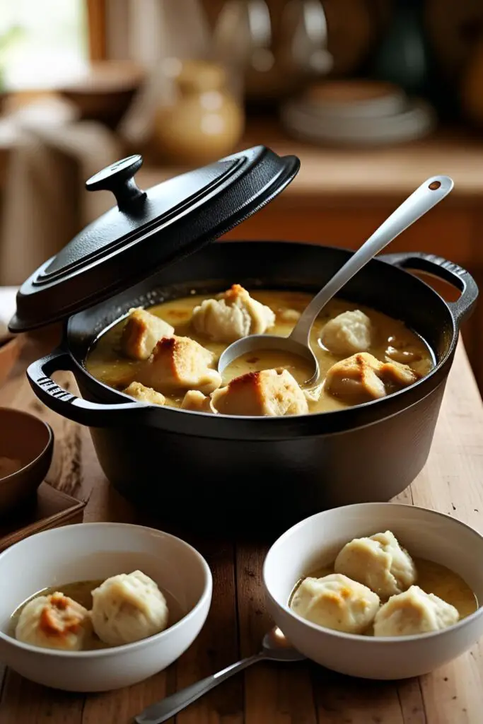 A warm and inviting dinner setting with a large pot of chicken and dumplings ready to be served.