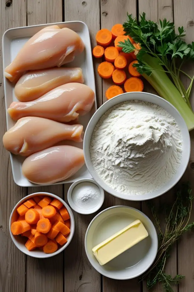 A flat lay of fresh ingredients for chicken and dumplings, including chicken, carrots, celery, onion, flour, and herbs on a wooden surface.

