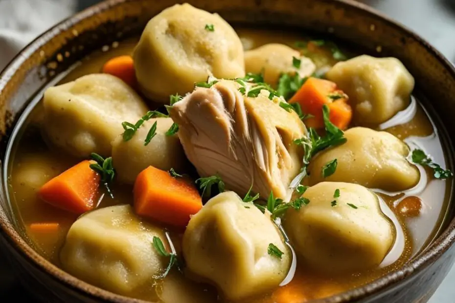 A cozy bowl of homemade chicken and dumplings with text overlay reading "Ultimate Chicken and Dumplings."