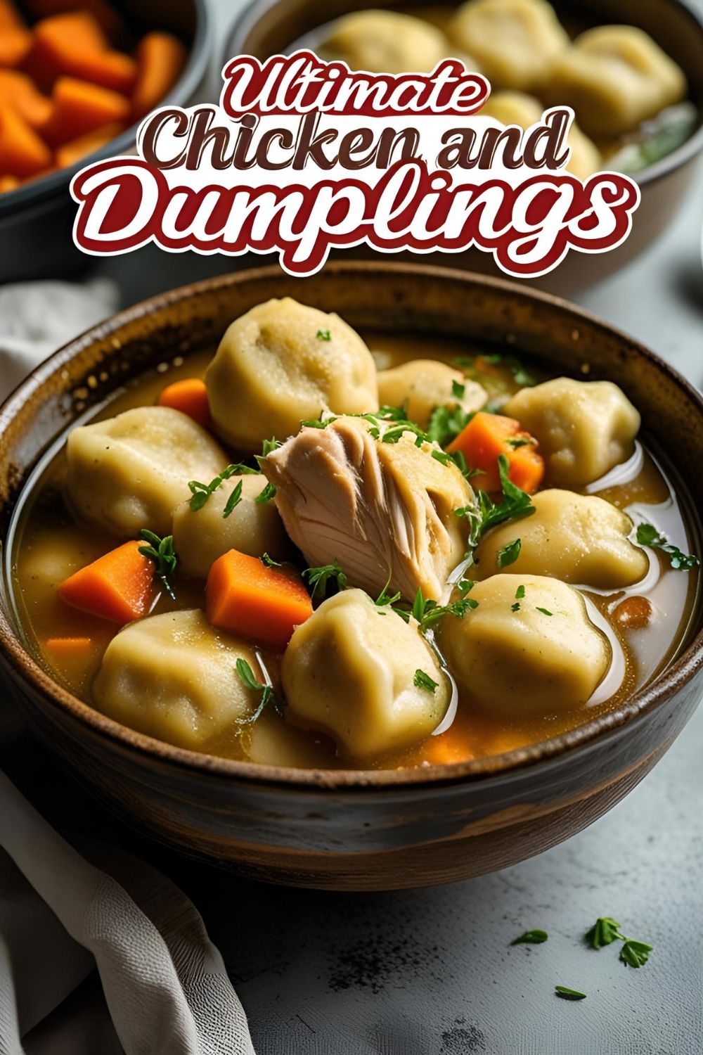 A cozy bowl of homemade chicken and dumplings with text overlay reading "Ultimate Chicken and Dumplings."