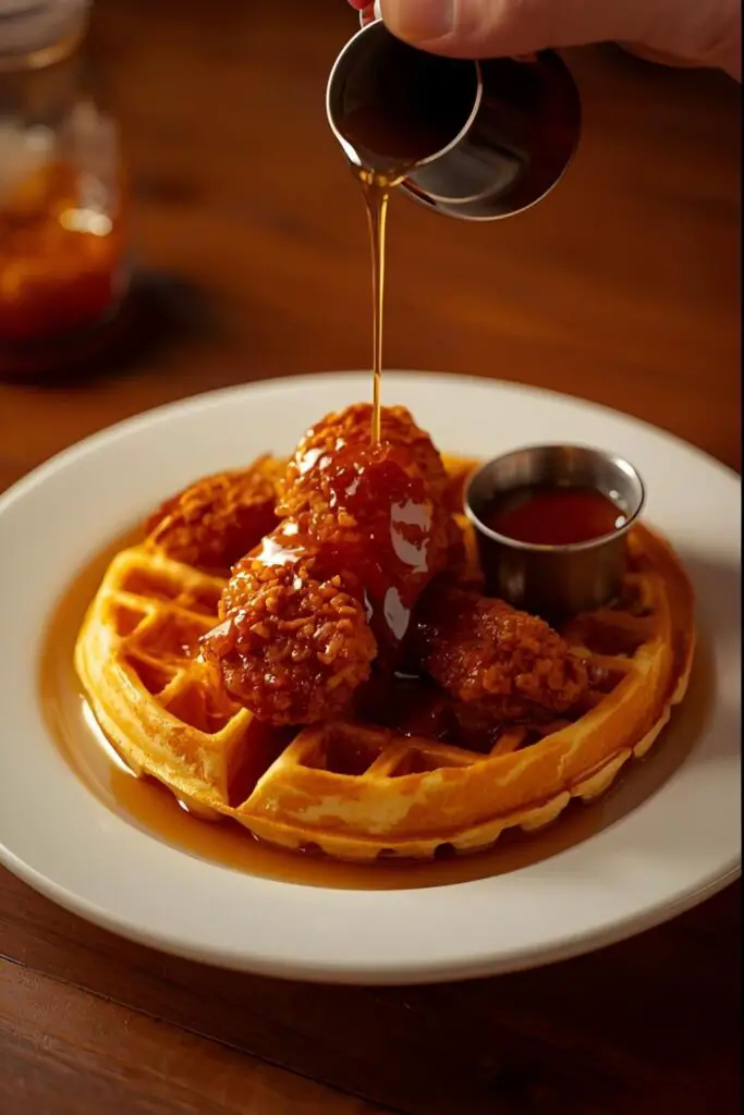 A close-up of a stack of chicken and waffles with syrup dripping down, and a wider shot of a plated serving.