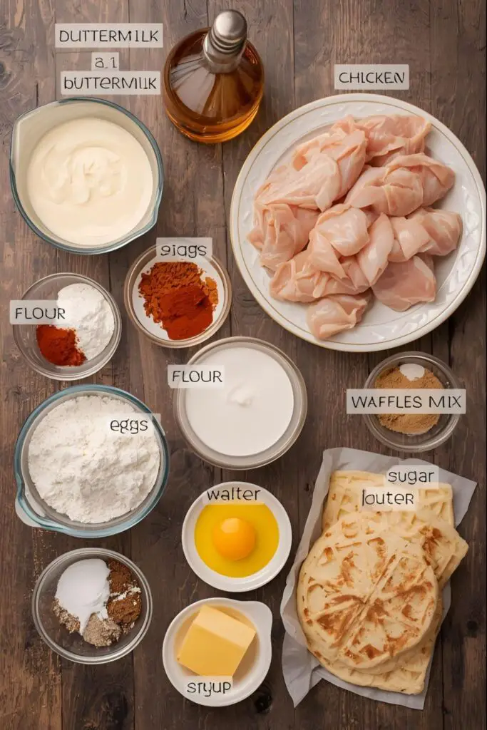 A flat lay of ingredients for chicken and waffles, including chicken pieces, waffle mix ingredients, and maple syrup.