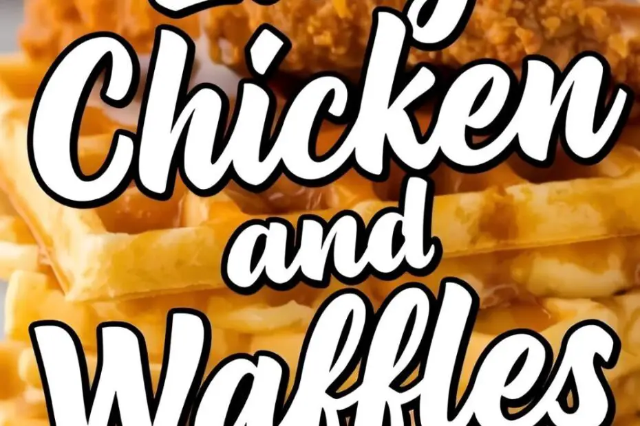 Stacked chicken and waffles drizzled with syrup, with the text overlay "Easy Chicken and Waffles."