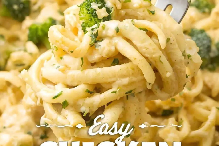 A plate of creamy chicken broccoli alfredo with the text "Chicken Broccoli Alfredo."