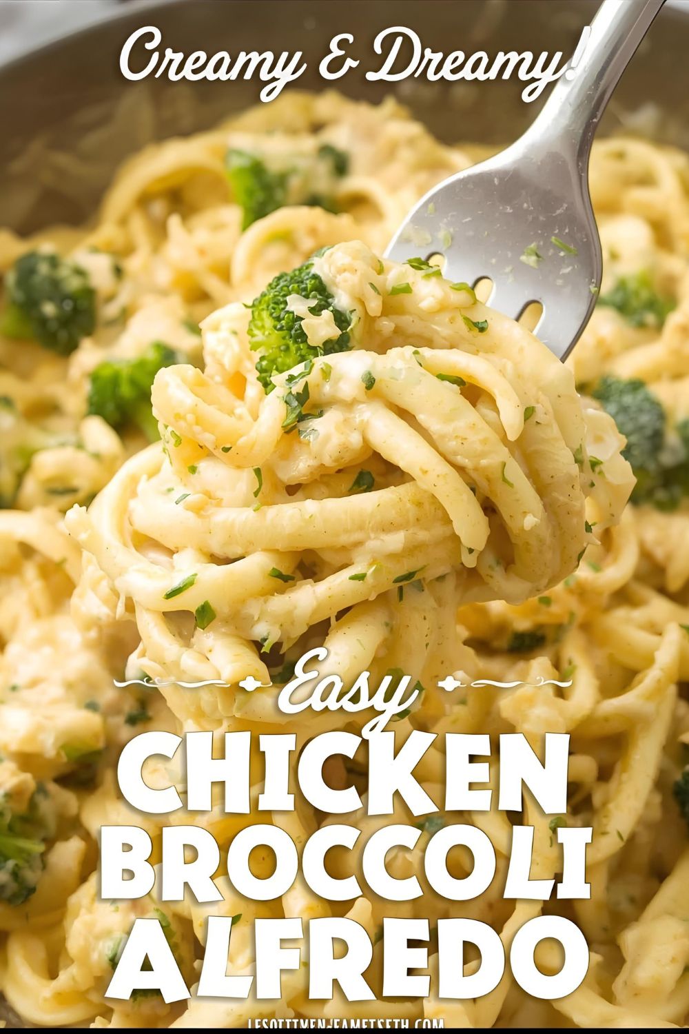 A plate of creamy chicken broccoli alfredo with the text "Chicken Broccoli Alfredo."