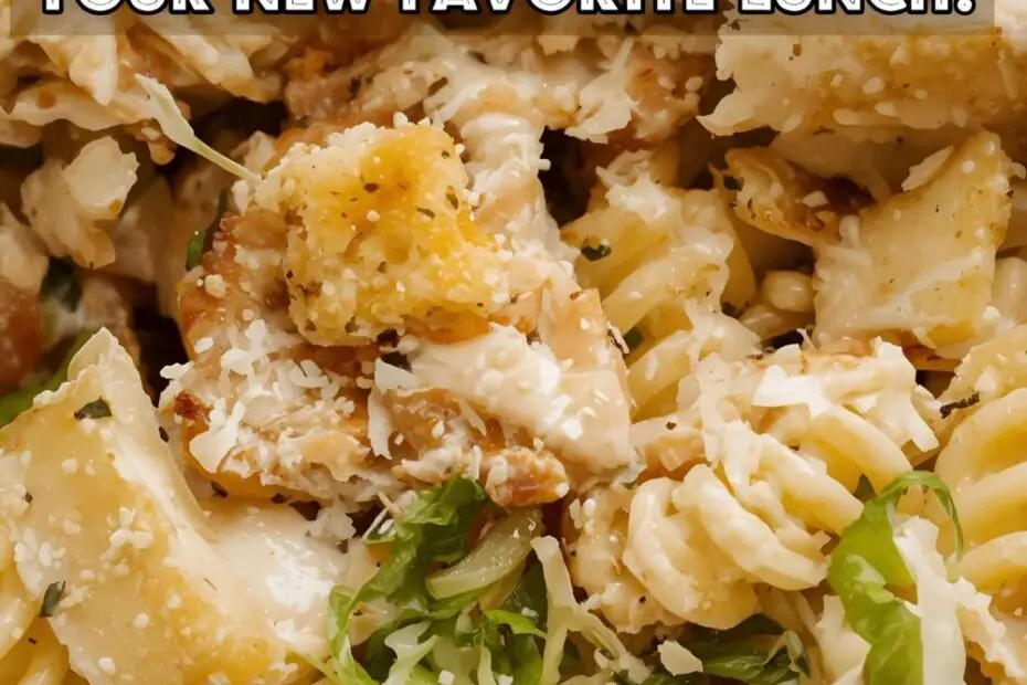 A vibrant bowl of chicken caesar pasta salad with the text "Chicken Caesar Pasta Salad."