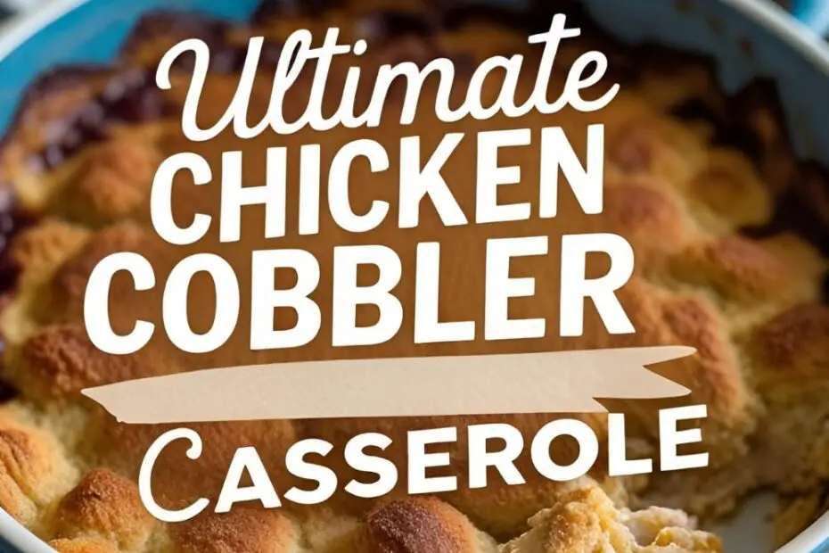 "ULTIMATE CHICKEN COBBLER CASSEROLE" on a mouth-watering image of the golden-brown biscuit-topped casserole.