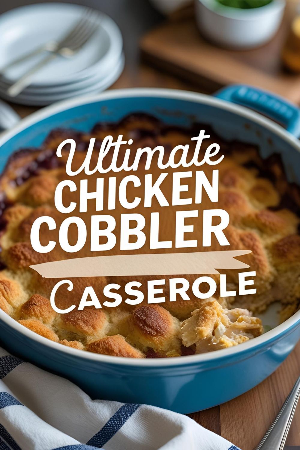 "ULTIMATE CHICKEN COBBLER CASSEROLE" on a mouth-watering image of the golden-brown biscuit-topped casserole.
