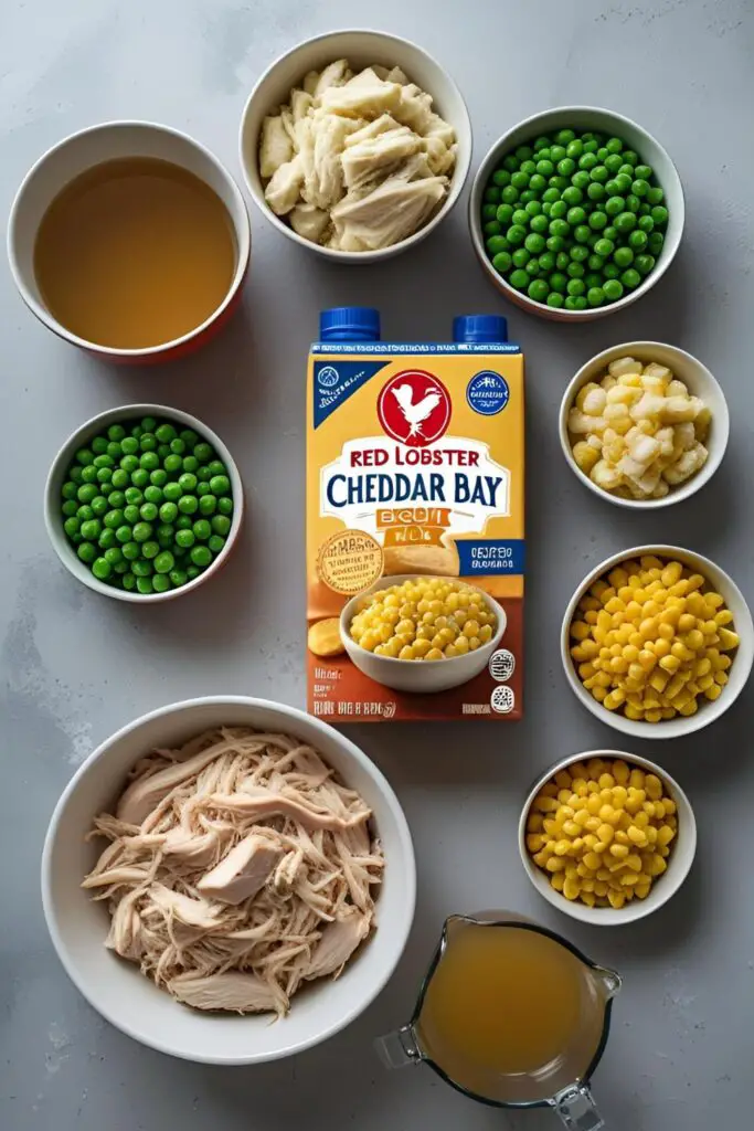 A bright and organized flat lay of ingredients for chicken cobbler casserole: shredded chicken, a box of Red Lobster biscuit mix, broth, frozen veggies, and butter on a light background.