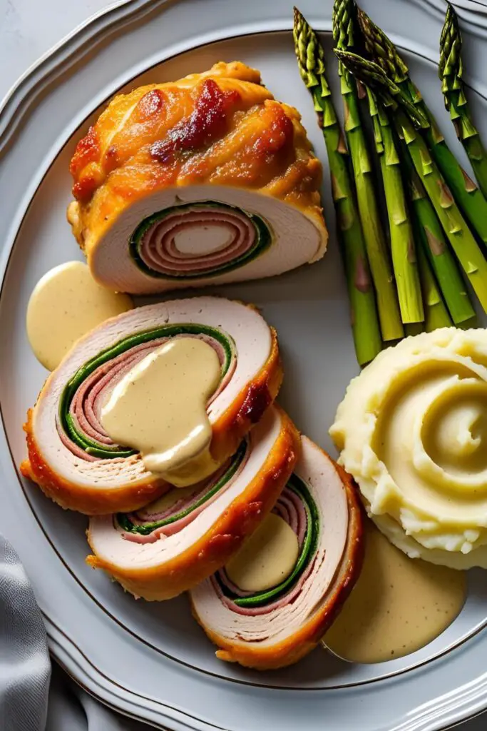 A beautifully plated serving of chicken cordon bleu with Dijon cream sauce, served with roasted asparagus and mashed potatoes.