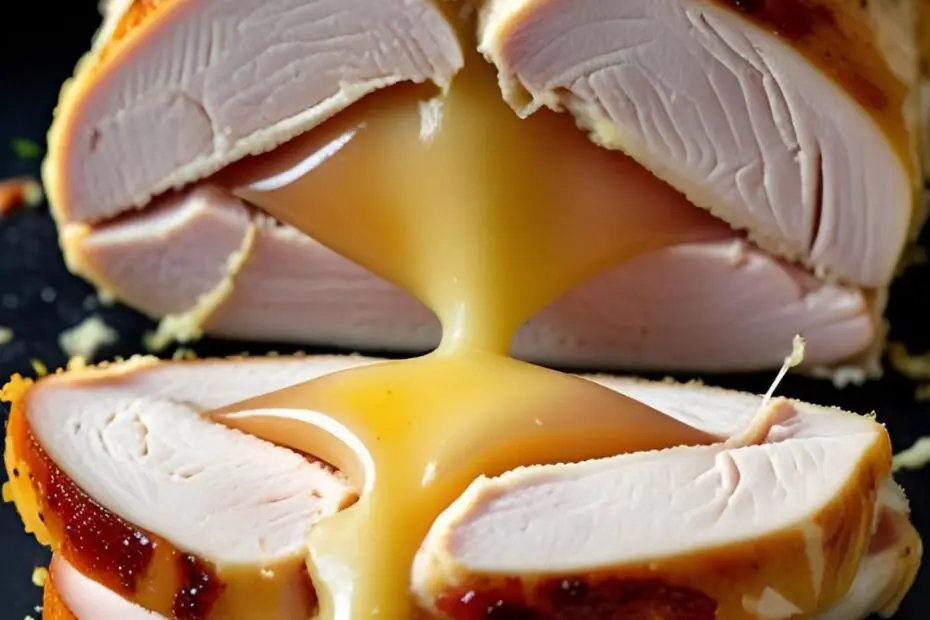 A perfectly sliced chicken cordon bleu with cheese oozing out, with the text overlay "Easy & Elegant Chicken Cordon Bleu."