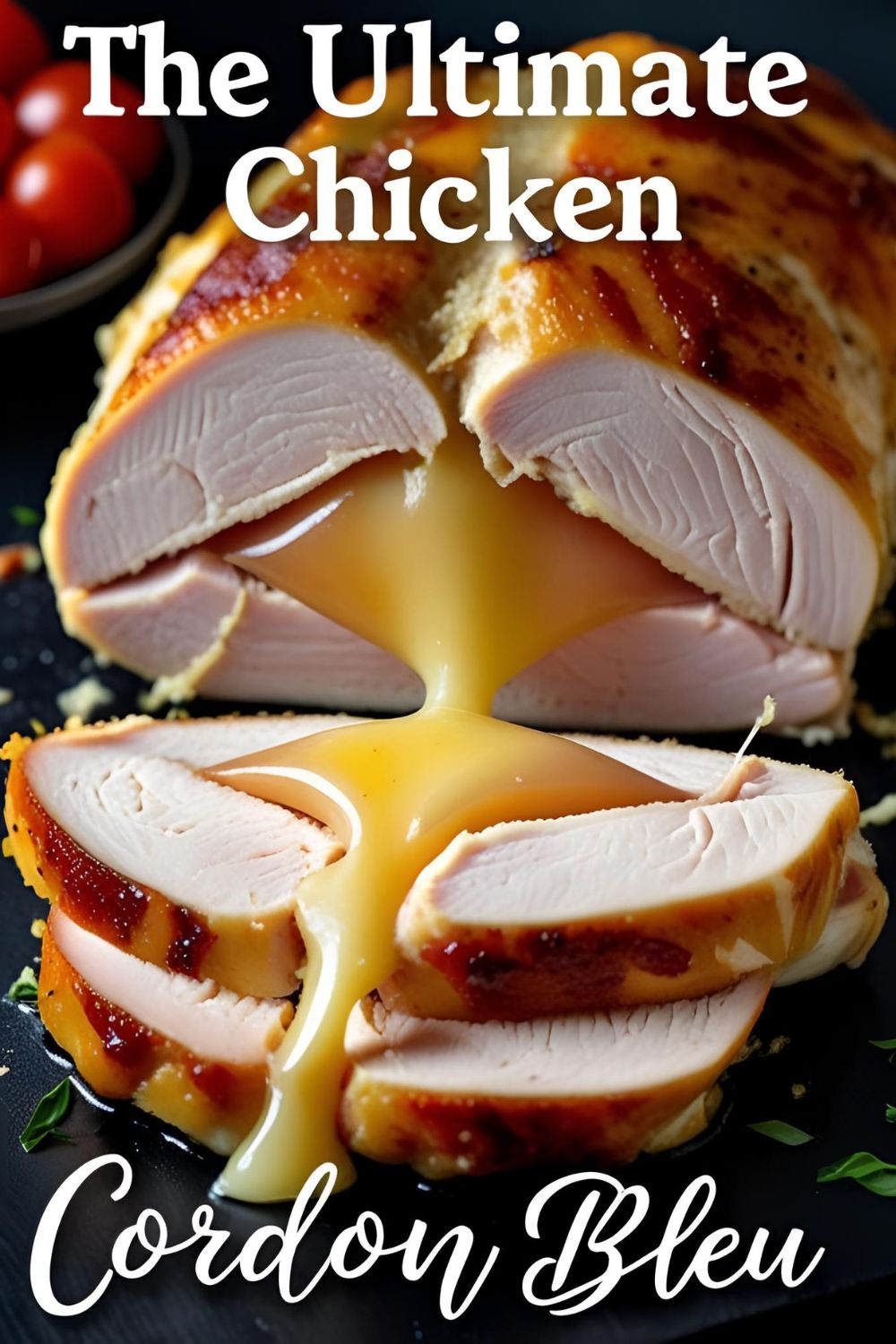 A perfectly sliced chicken cordon bleu with cheese oozing out, with the text overlay "Easy & Elegant Chicken Cordon Bleu."