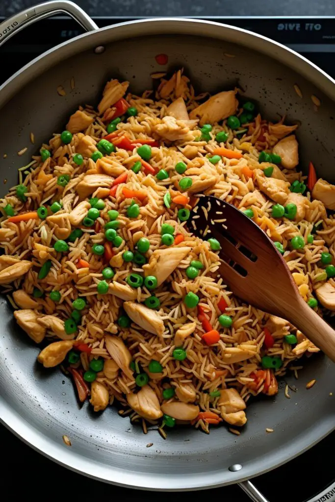 A top-down view of a wok filled with freshly cooked chicken fried rice, with a spatula resting inside.

