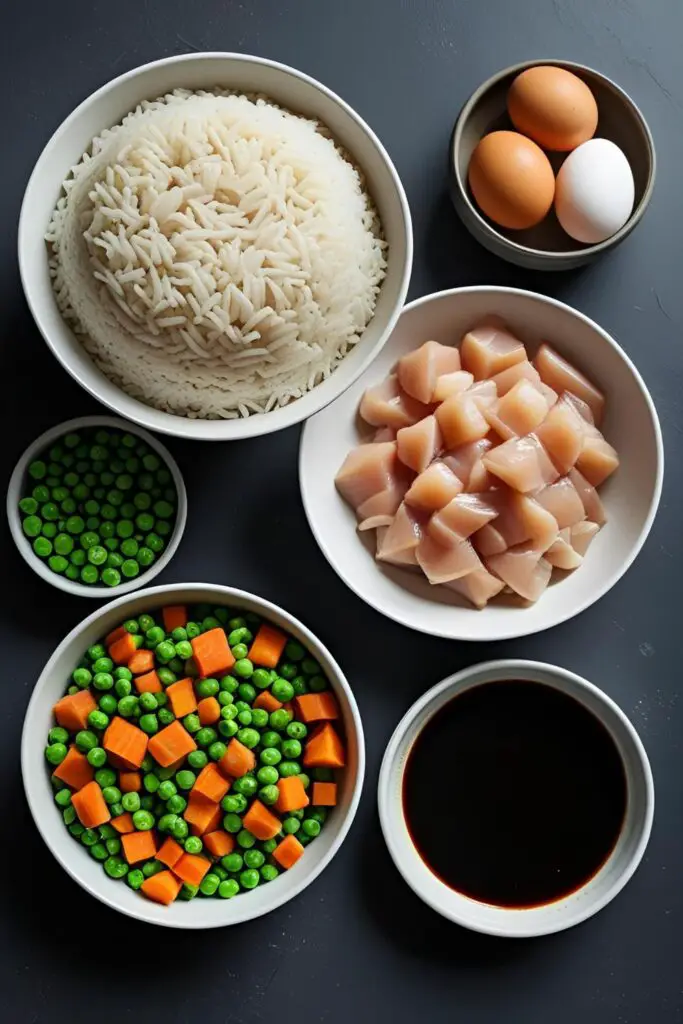 A flat lay of ingredients for chicken fried rice, including a bowl of cold rice, diced chicken, eggs, and a soy sauce mixture.


