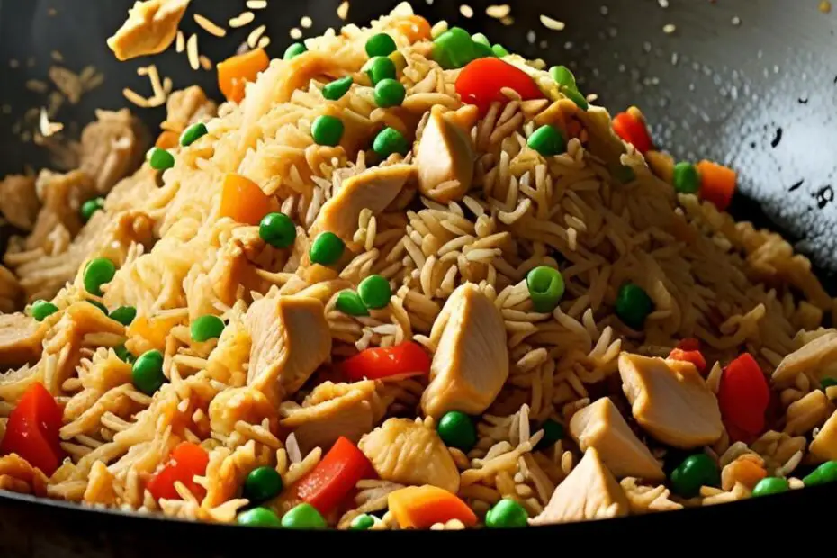 A wok full of colorful chicken fried rice with the text overlay "Better Than Takeout Chicken Fried Rice."