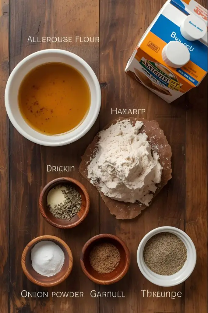 A flat lay of ingredients for homemade chicken gravy, including drippings, flour, broth, and herbs.