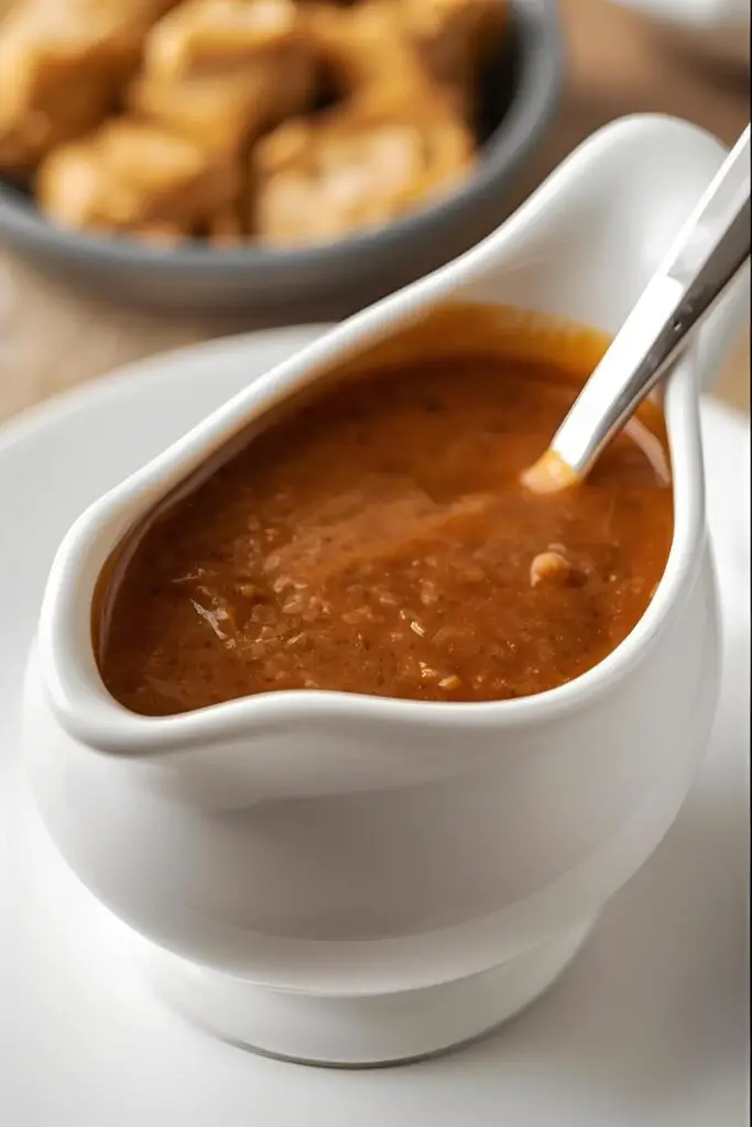 A close-up of homemade chicken gravy being poured over roasted chicken.