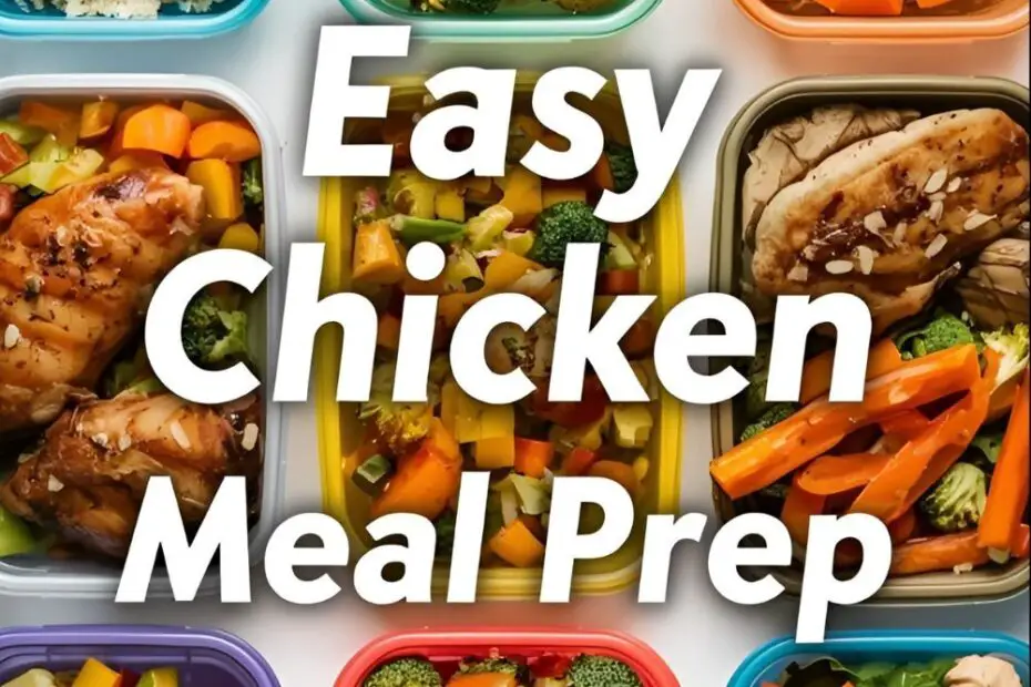 Colorful meal prep containers filled with healthy chicken and vegetables, with the text overlay "Easy Chicken Meal Prep."