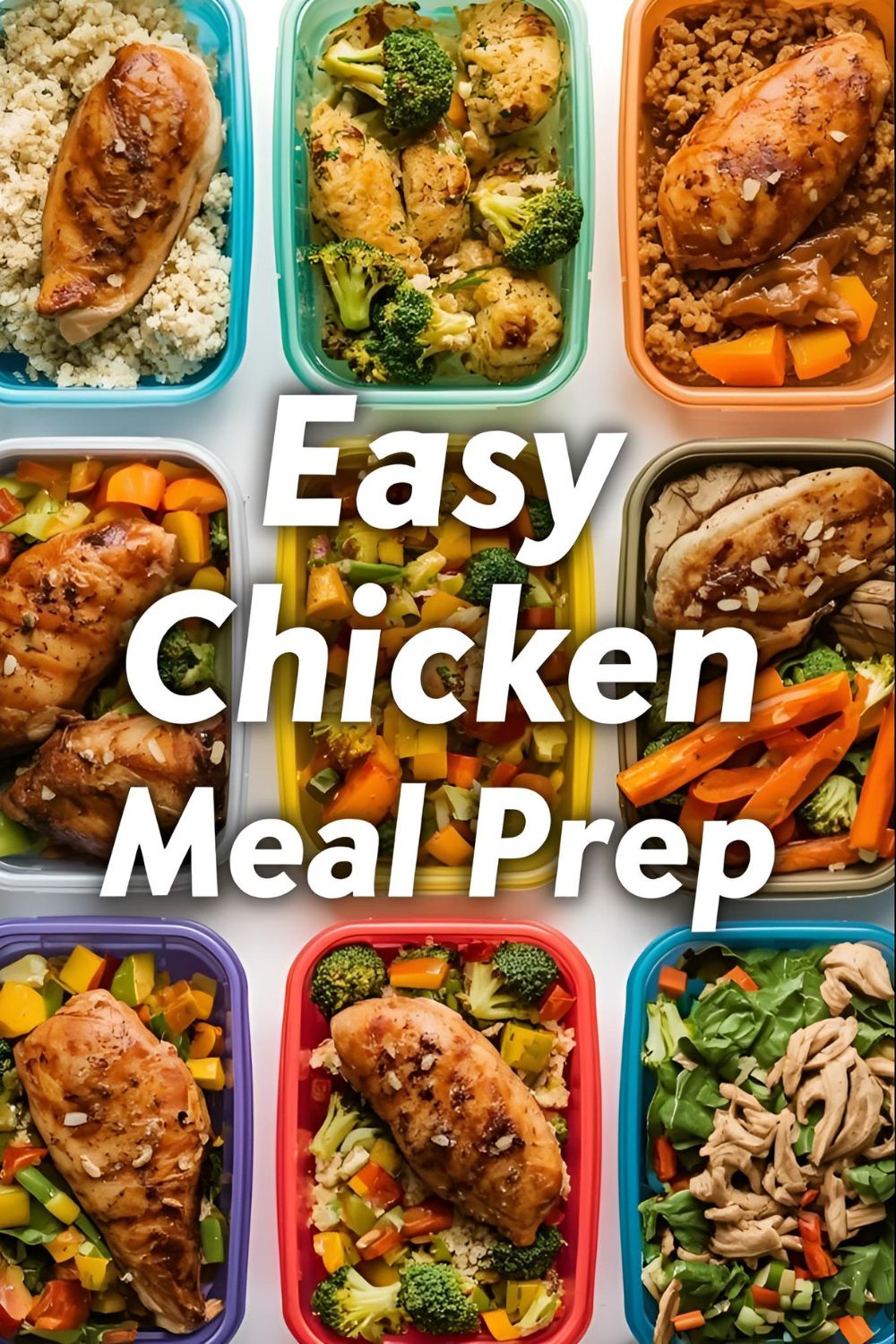 Colorful meal prep containers filled with healthy chicken and vegetables, with the text overlay "Easy Chicken Meal Prep."
