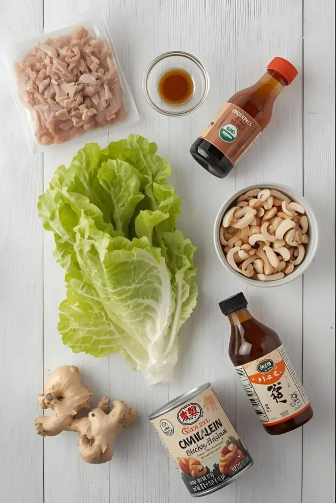 A flat lay of the fresh ingredients needed to make chicken lettuce wraps, including ground chicken, lettuce, mushrooms, and sauce components.