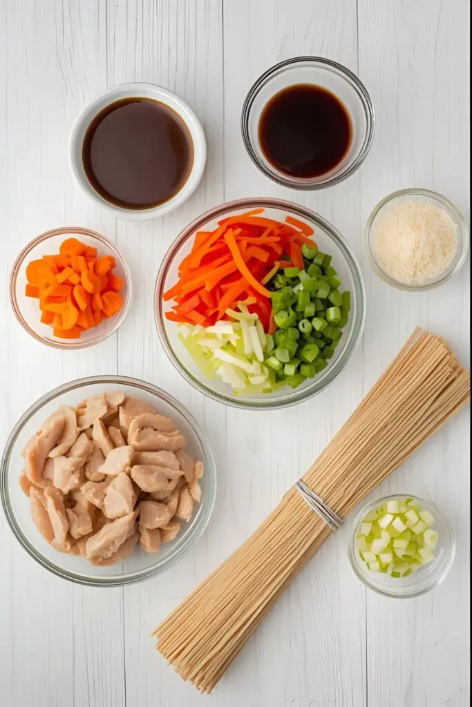 A flat lay showing all the prepped mise en place ingredients for chicken lo mein in small bowls.