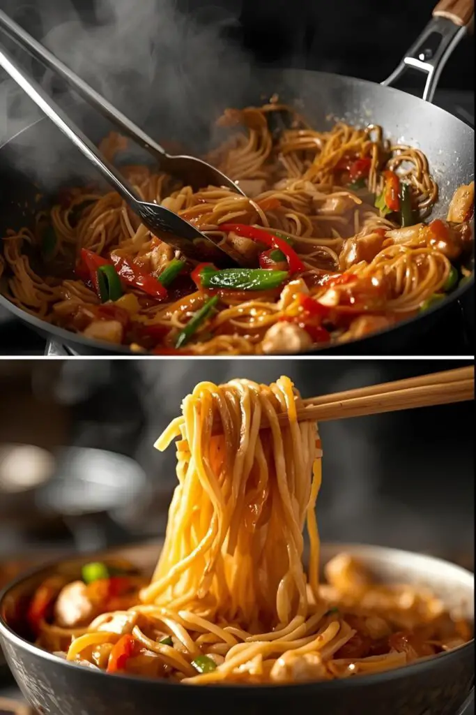 A close-up of chicken lo mein being lifted with chopsticks, next to a full wok of the finished dish.