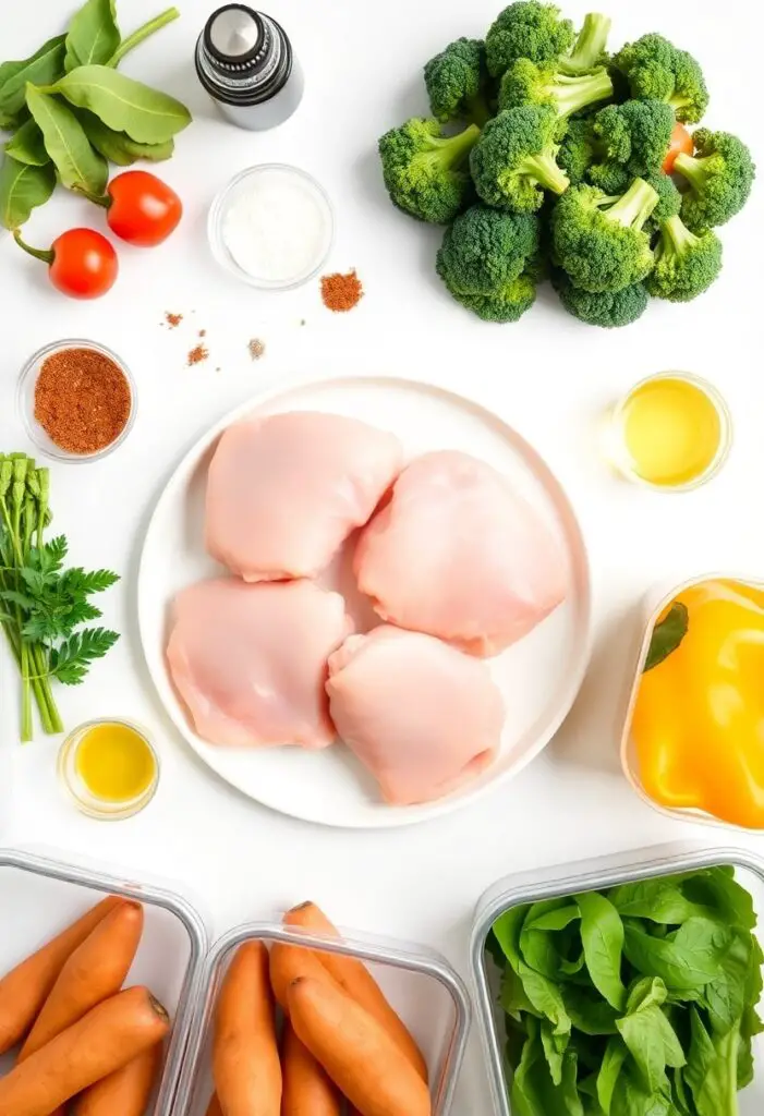 A flat lay of fresh ingredients and containers ready for chicken meal prep.