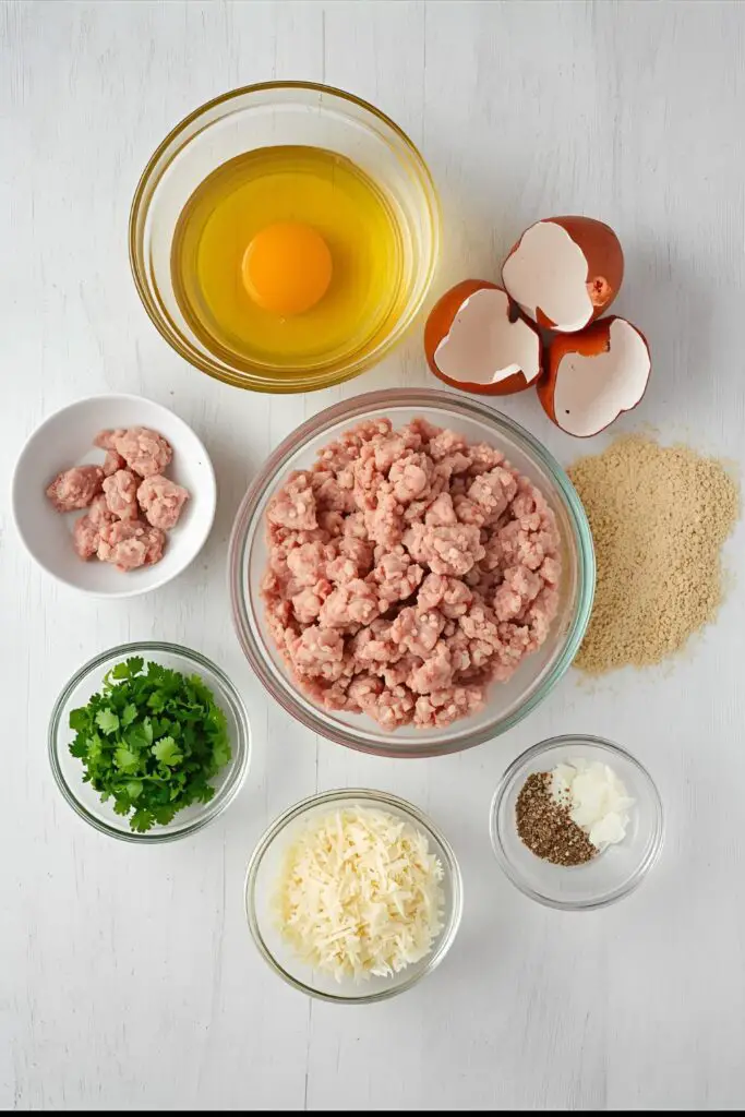 A flat lay of the fresh ingredients for chicken meatballs: ground chicken, breadcrumbs, egg, parsley, garlic, and Parmesan cheese.