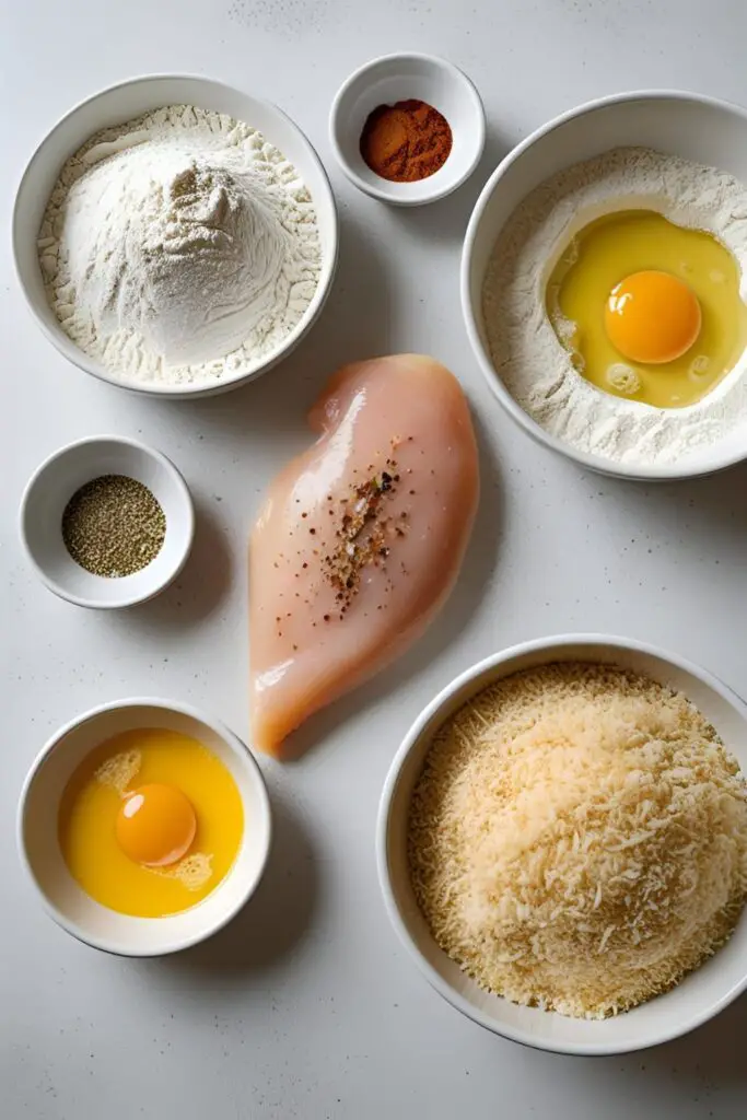 A flat lay of the ingredients for making chicken nuggets from scratch: chicken, flour, egg, and panko breadcrumbs.