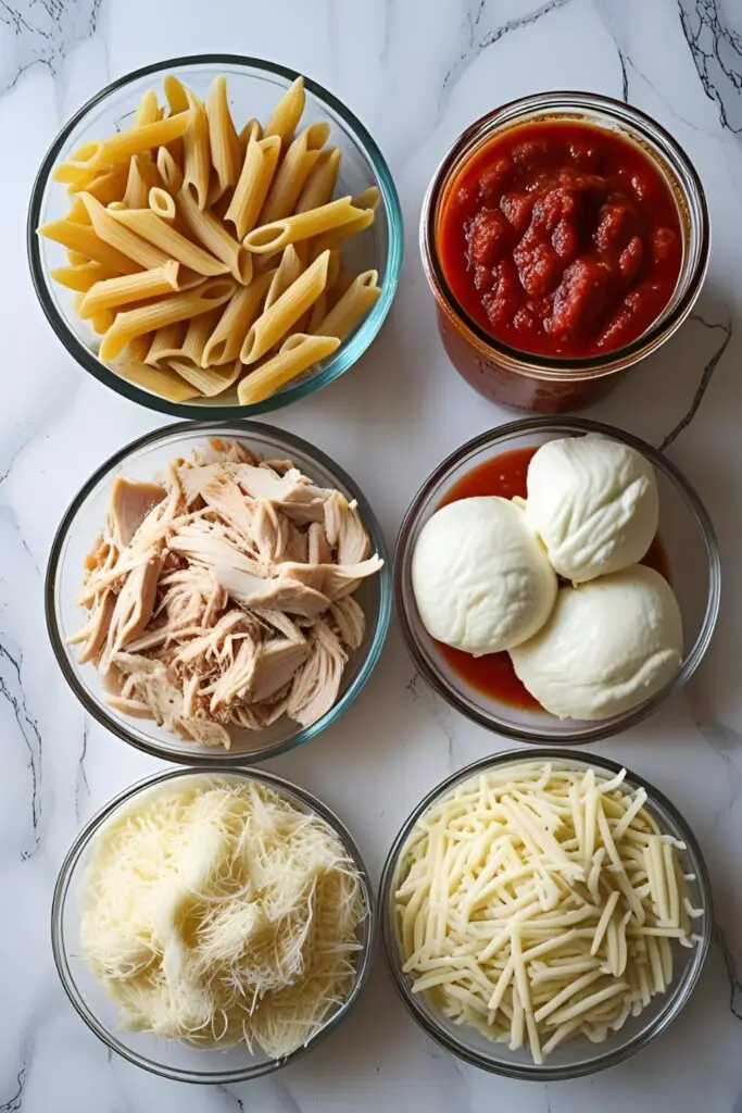A bright flat lay of ingredients for chicken parmesan casserole: uncooked penne pasta, shredded chicken, a jar of marinara, ricotta, mozzarella, and parmesan cheese on a white marble surface.