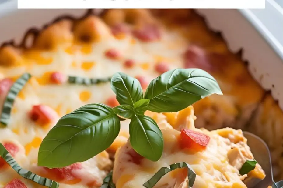 Text Overlay: "EASY CHICKEN PARMESAN CASSEROLE" on a mouth-watering image of the golden-brown casserole fresh out of the oven.