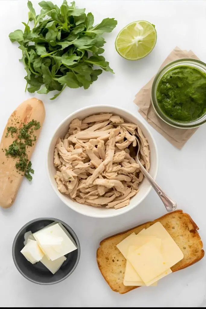 The fresh and flavorful ingredients needed to make a delicious chicken pesto sandwich.