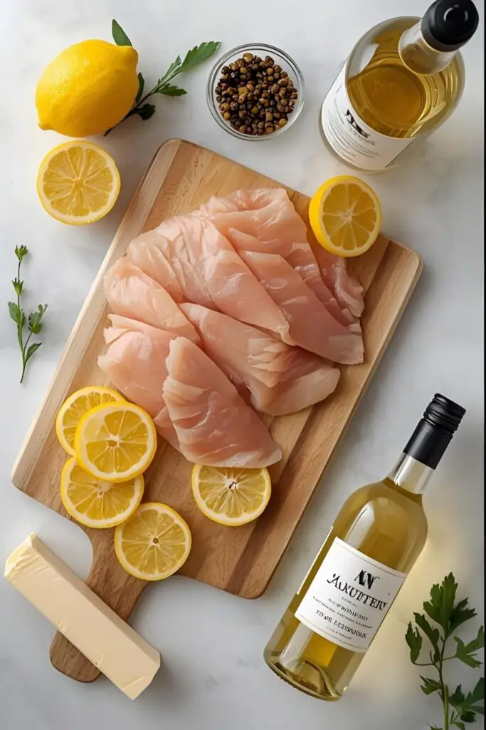 A fresh flat lay of ingredients for chicken piccata, including chicken, lemons, capers, and white wine